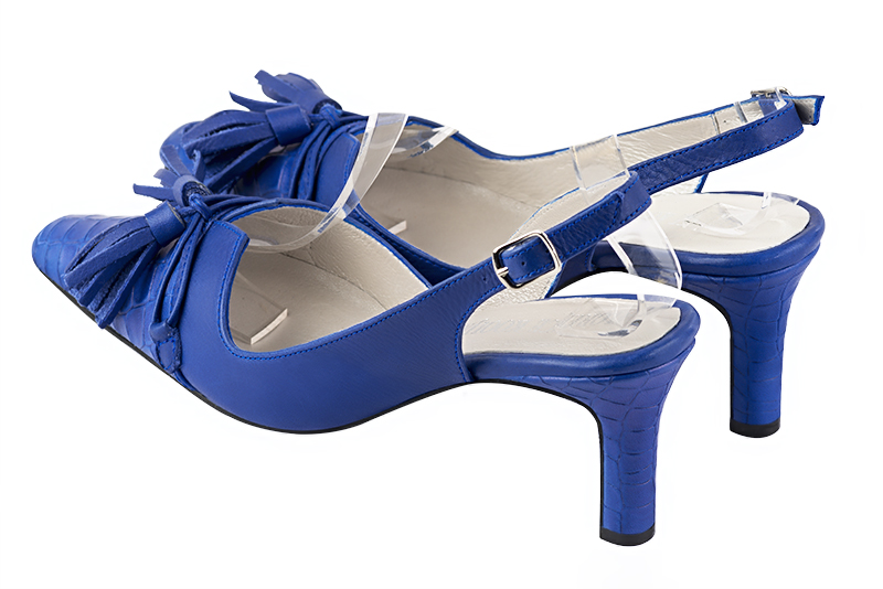 Electric blue women's open back shoes, with a knot. Tapered toe. Medium slim heel. Rear view - Florence KOOIJMAN